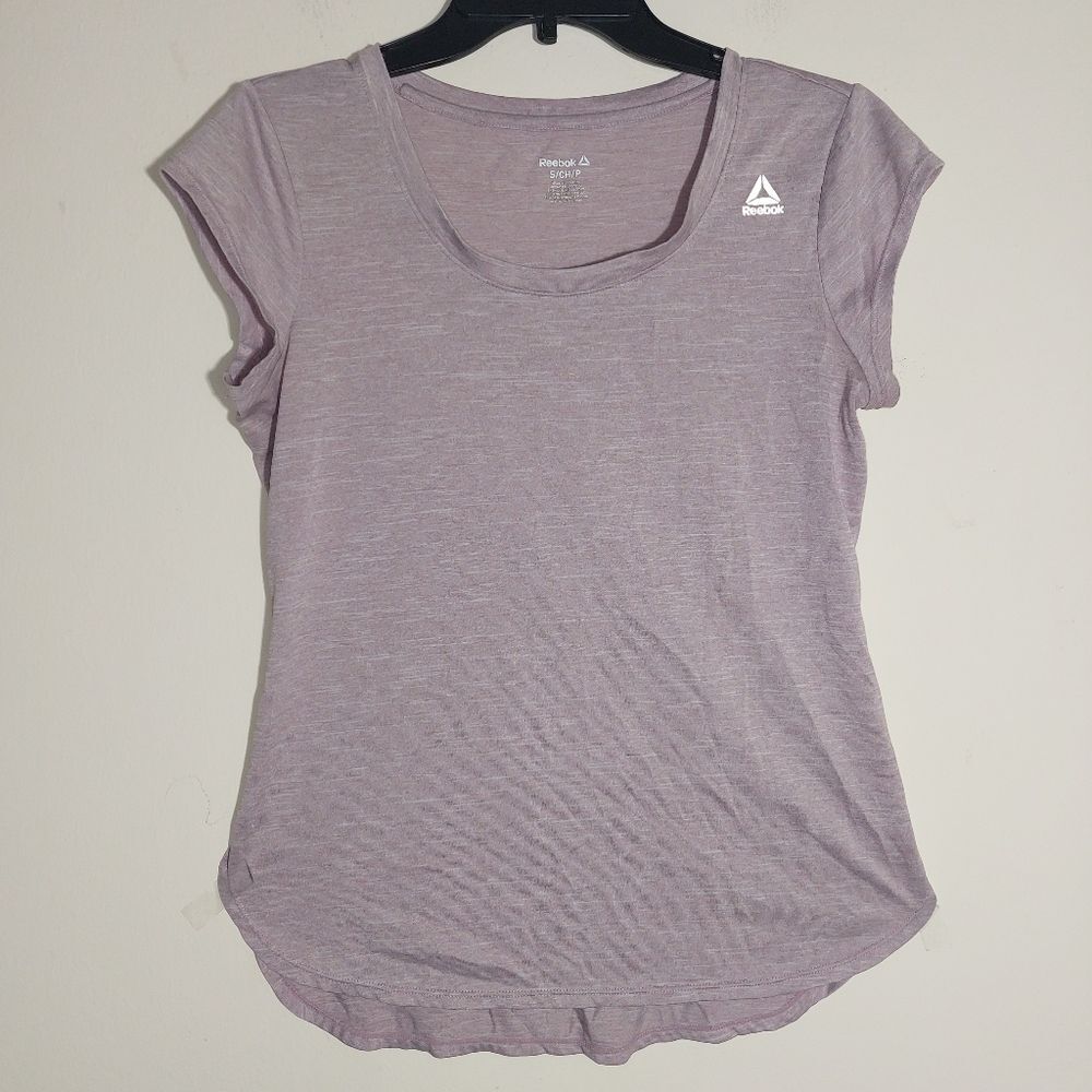 Reebok Women's Short Sleeve Active Gym Running Yoga T Shirt Heathered Lilac EUC